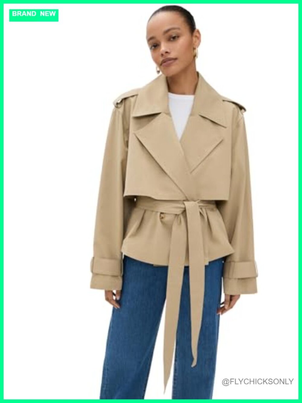 Cropped Trench Coat Relaxed Fit Notch Collar Waist Tie Belted